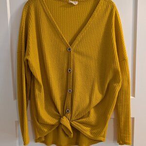 Bibi Yellow Waffle Knit Tie-Front Slouchy Long Sleeve Top
